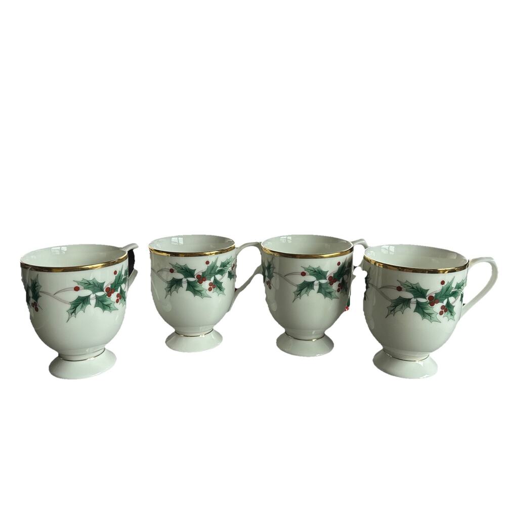 Mikasa Fine China (4) Ribbon Holly Christmas / Holiday Footed Mugs